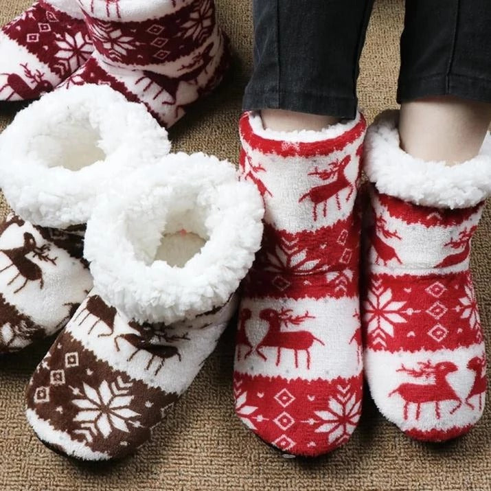 Adult Christmas Reindeer Boots - Coral Fleece Indoor Shoes