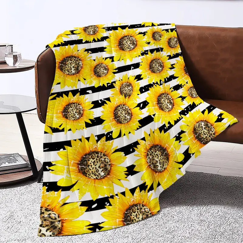 Black and White Striped Flannel Blanket with Sunflower Pattern