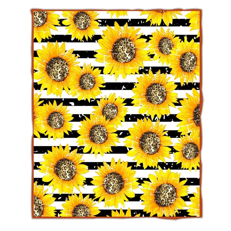 Black and White Striped Flannel Blanket with Sunflower Pattern