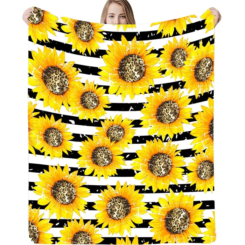Black and White Striped Flannel Blanket with Sunflower Pattern