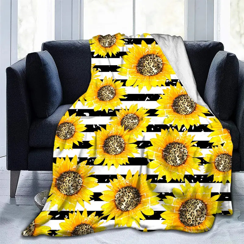 Black and White Striped Flannel Blanket with Sunflower Pattern