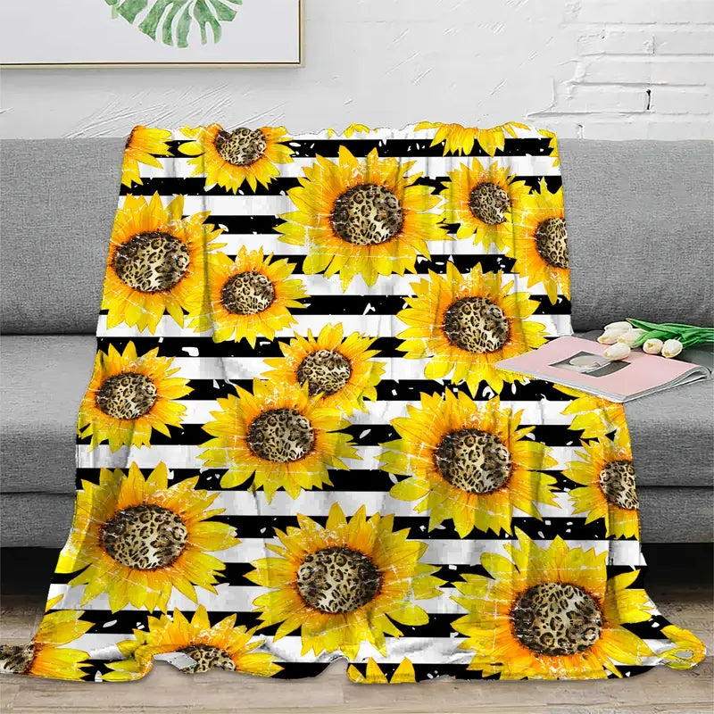 Black and White Striped Flannel Blanket with Sunflower Pattern